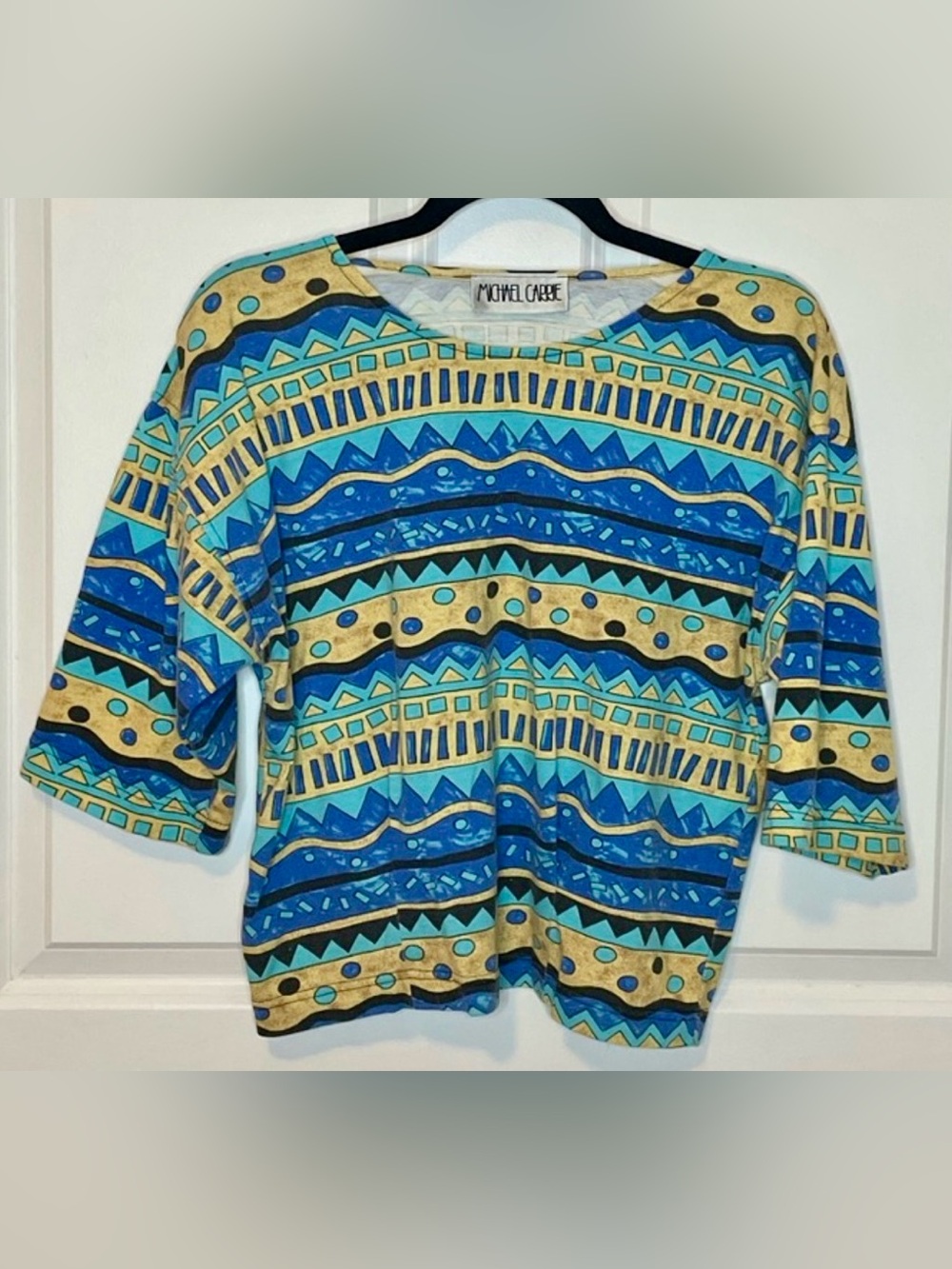 Vintage Michael Carrie Medium Blue Geometric Pleated Dolman Artwear Top
